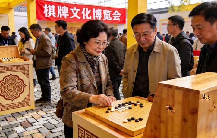 棋牌文化博览会现场，参观者在国风展陈前驻足观看