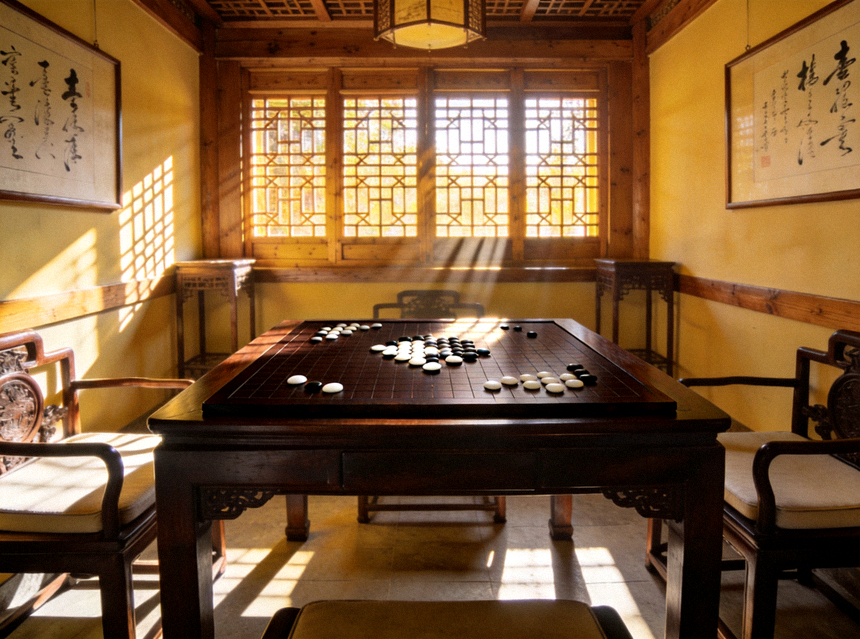 悠扬棋牌智慧棋院内的中式对弈空间，木质棋桌与围棋棋盘